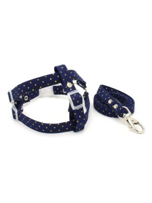 Conjunto Peitoral e Guia para Cachorro Estilo Americano em Tecido Azul Marinho Estampa Bolinhas Metais Niquelados