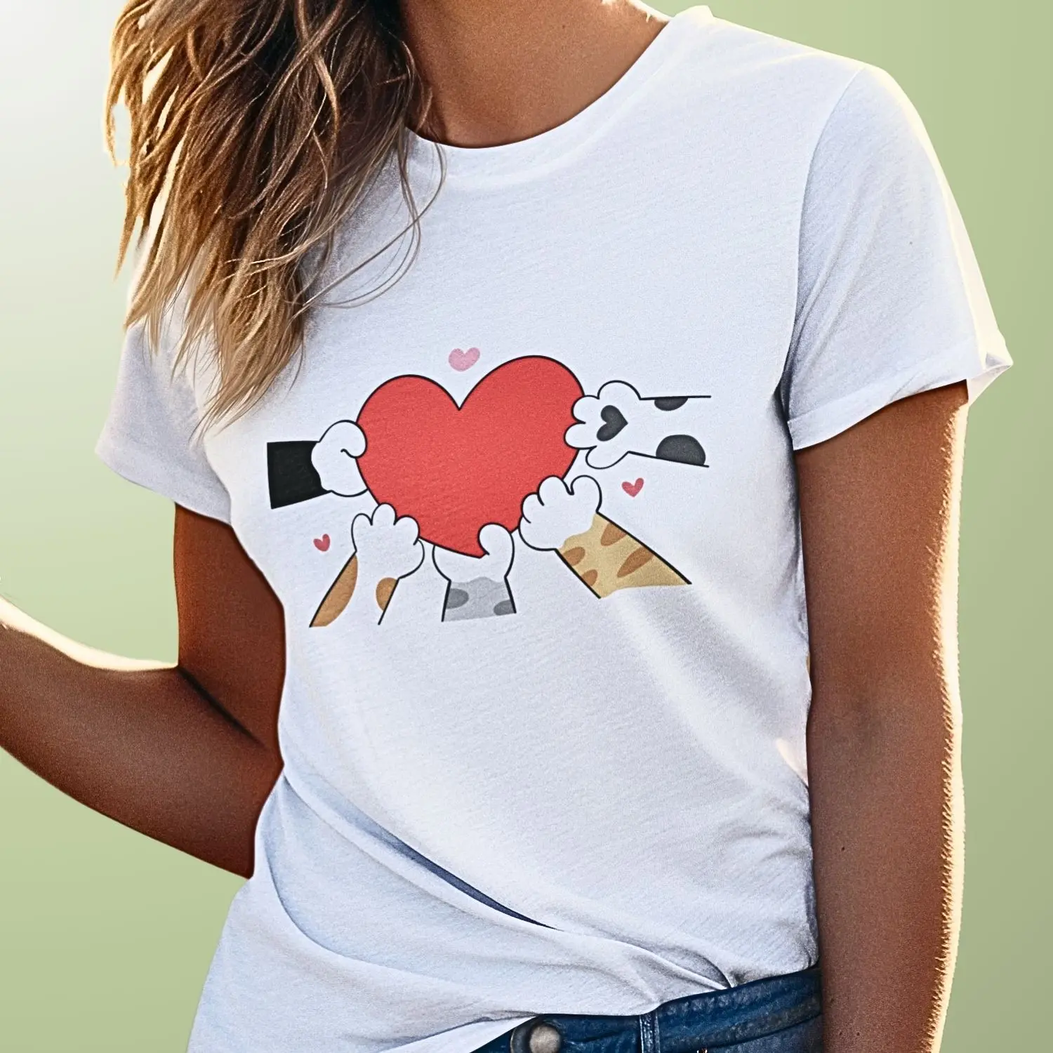 Camiseta com um coração vermelho no centro e patinhas de gatos ao redor - Heart and Cat Paws