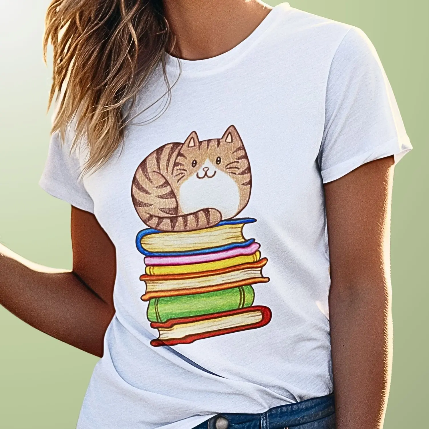 Camiseta com desenho de uma pilha de livros e um gatinho por cima - love cats and books